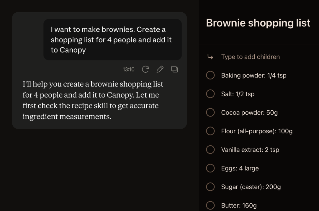 AI assistant creating a brownie shopping list in Canopy