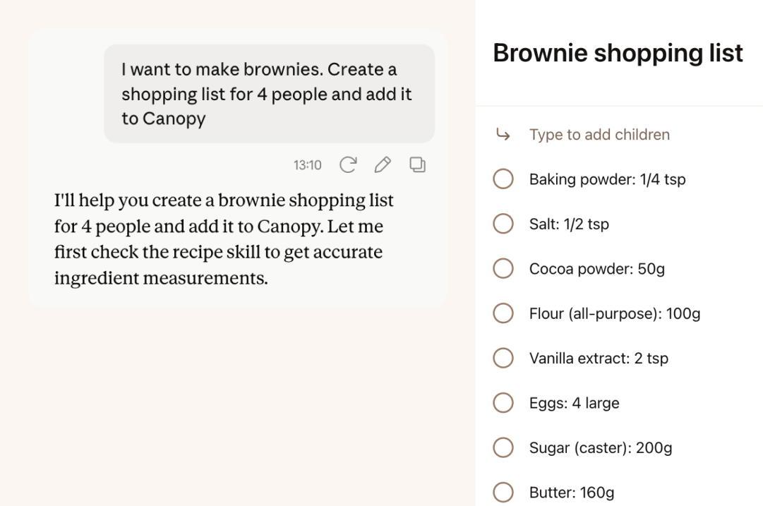AI assistant creating a brownie shopping list in Canopy
